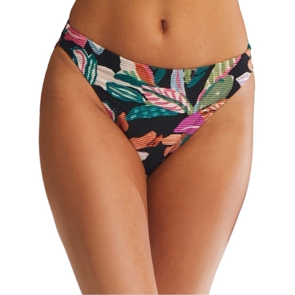 Time and Tru Womens Plus 1X 16W-18W High Leg Bikini Bottom Tropical Ribbed Black